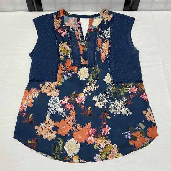 Daniel Rainn V Neck Sheer Keyhole Back Dot & Floral Top Navy Orange S Sleeveless - Picture 7 of 14